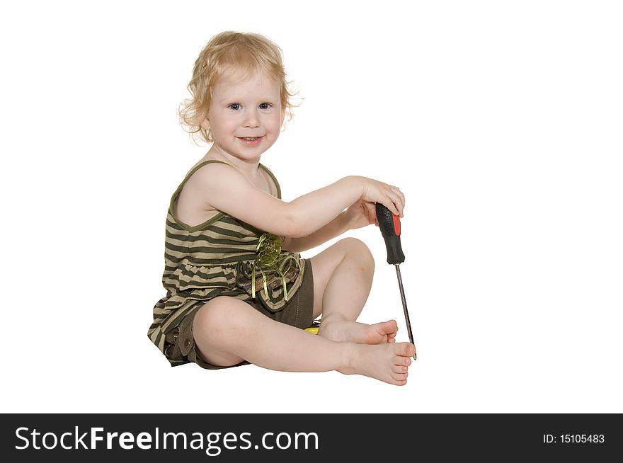 Girl with a screwdriver on a white background