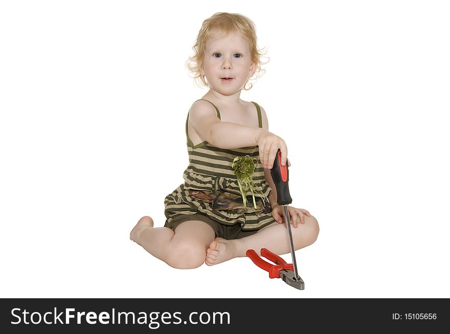 Girl with a screwdriver and pliers on a white background