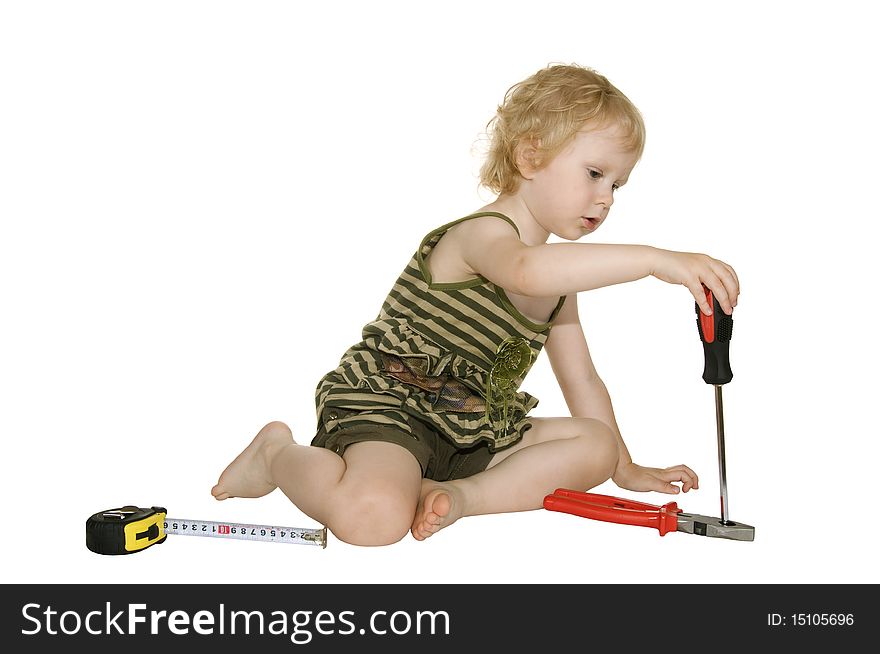 Girl with a screwdriver pliers and a tape measure on a white background