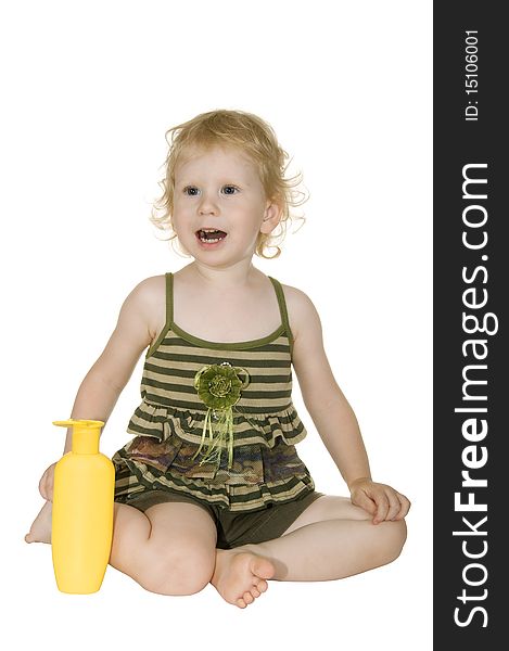 Girl with a bottle of shampoo on a white background