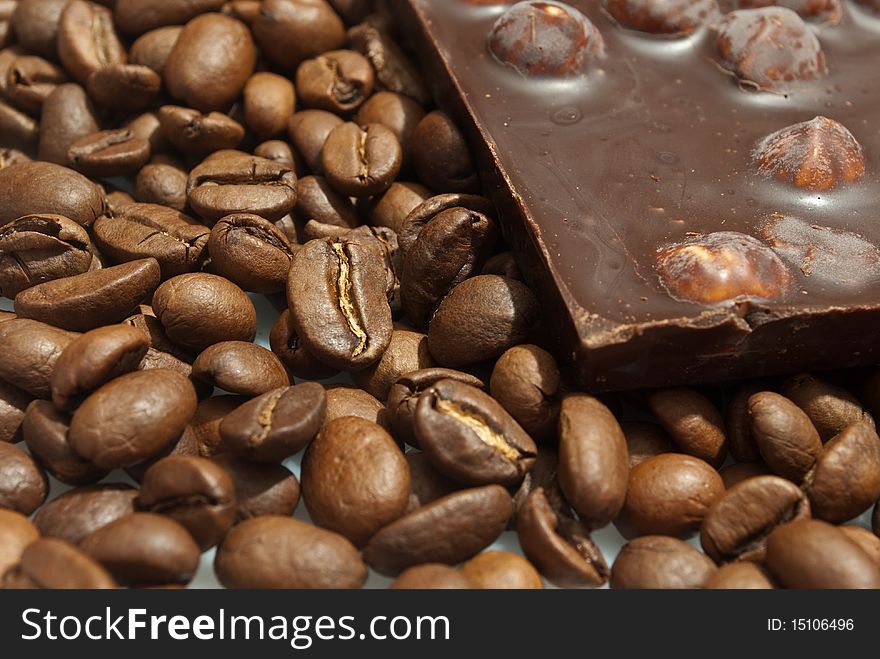 Delicious close-up of chocolate and coffee.
