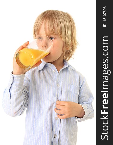 Blond child drinks fresh fruit juice isolated on white. Blond child drinks fresh fruit juice isolated on white