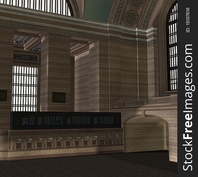 An Empty Central Station. 3D rendering with clipping path and shadow over white