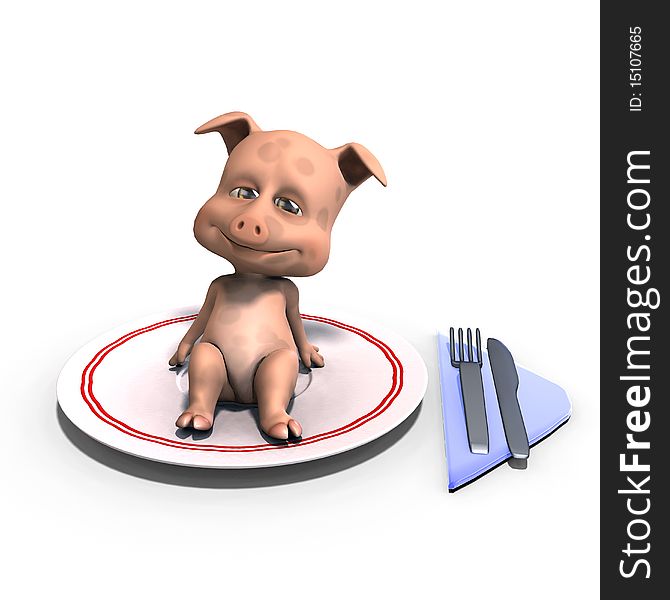 Cute And Funny Toon Pig Served On A Dish As A