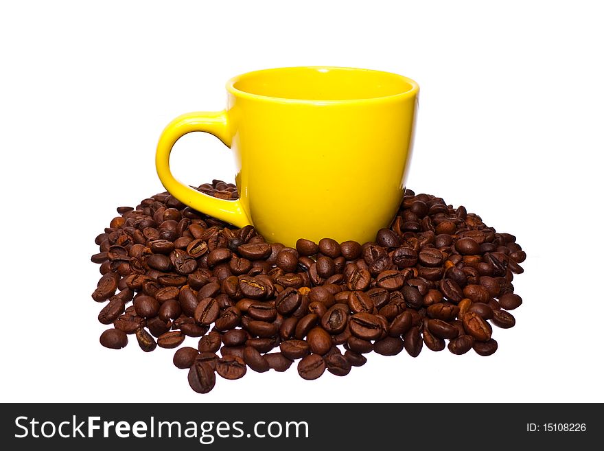 Coffee beans with cup isolated in white background