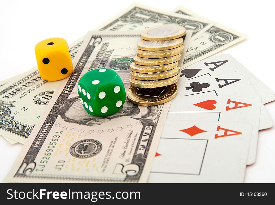 Dice, dollars and playing cards, isolated on a white background. Dice, dollars and playing cards, isolated on a white background