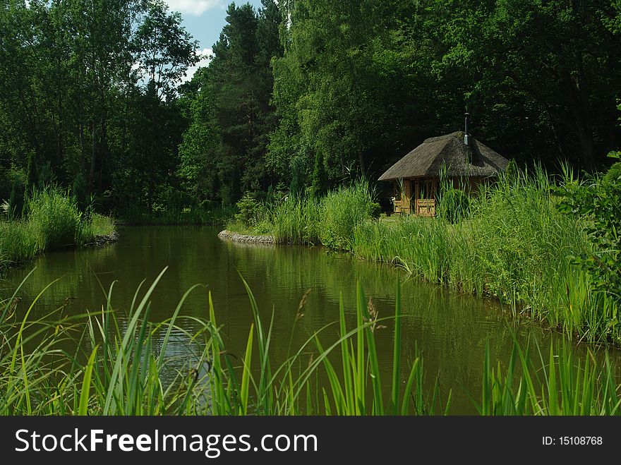 Umbrella roof over pond