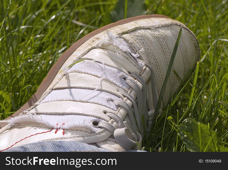 White sneaker on grass outdoor shot