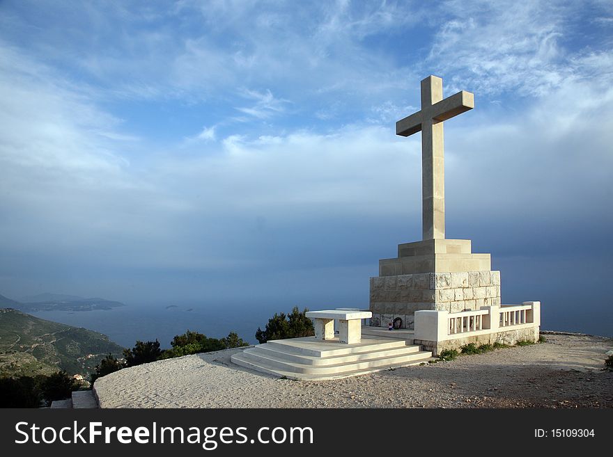 Cross with altar on the hill above Dubrovnik, Croatia