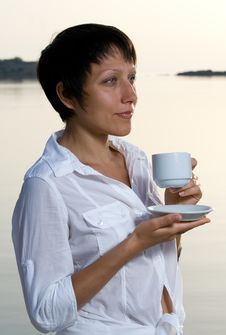 Young Woman Meets Sunrise Drinking Morning Coffee Stock Photography
