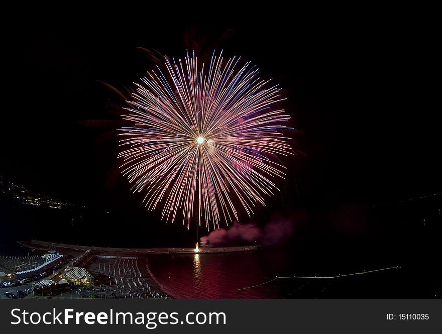 Sea Landscape with fireworks from the beach. Sea Landscape with fireworks from the beach