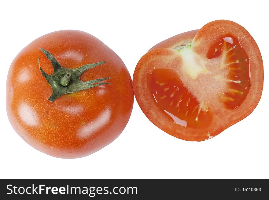 Whole tomato and half on white background. Whole tomato and half on white background