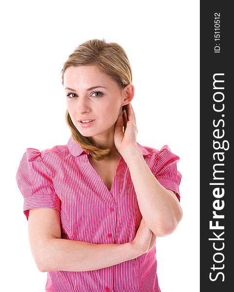 Young very attractive businesswoman in pink stripped shirt, very confident and smart looking, studio shoot isolated on white background. Young very attractive businesswoman in pink stripped shirt, very confident and smart looking, studio shoot isolated on white background