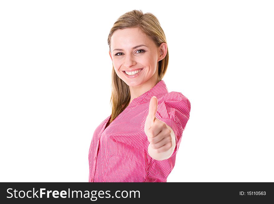 Businesswoman In Pink Shirt, Thumb Up Gesture