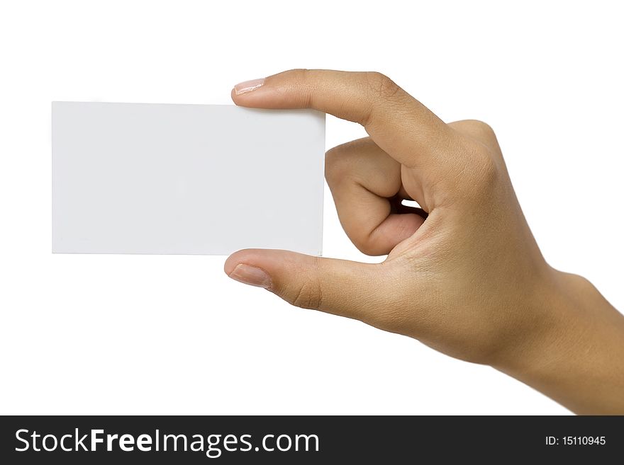 Hand with the white sheet of paper on a white background