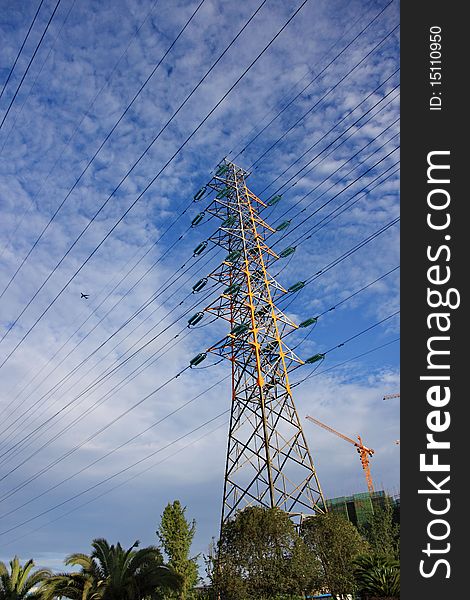 High voltage tower in the afternoon. City Power.