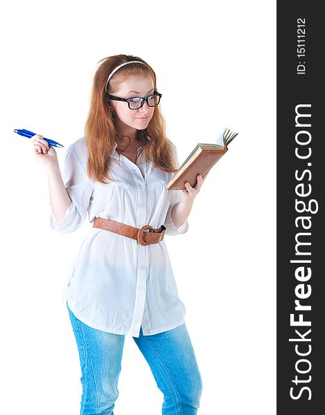 Redhaired businesswoman with notepad . Isolated over white backrgound .