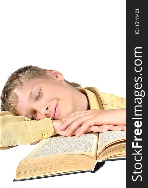 The teenager fell asleep reading a book. Schooling. Isolation on white background.