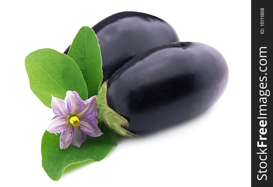 Two ripe eggplants with flower on white background