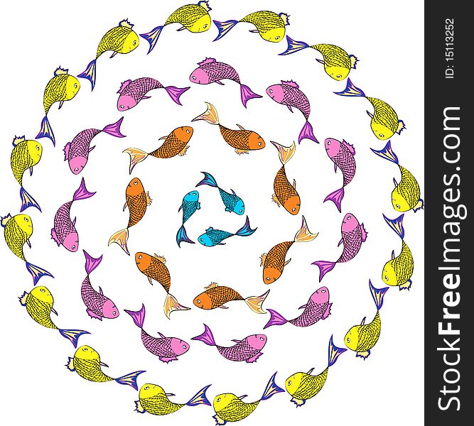 Yellow, pink, orrange and blue fishes in circle. Yellow, pink, orrange and blue fishes in circle