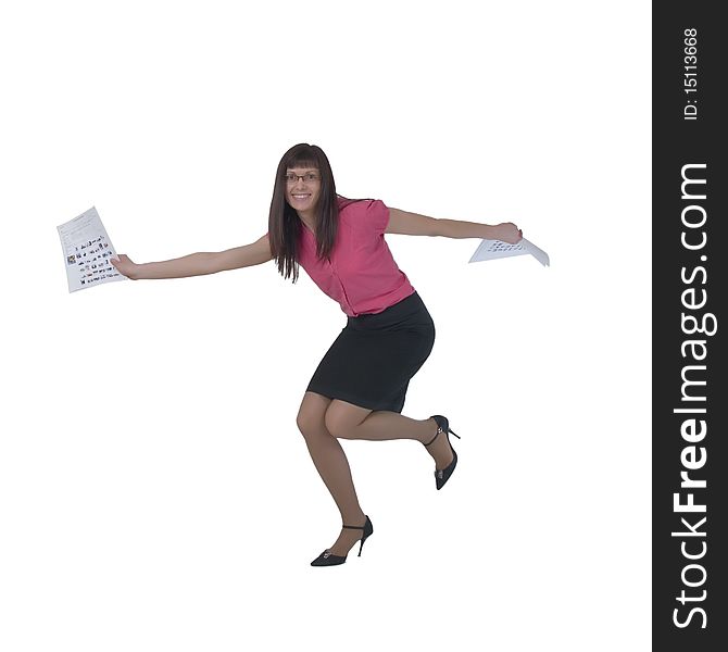 Jumping beautiful lady isolated on a white background