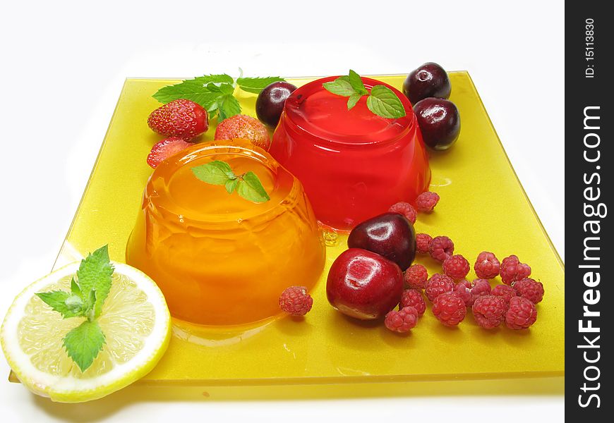 Jelly marmalade fruit dessert with orange and strawberry. Jelly marmalade fruit dessert with orange and strawberry