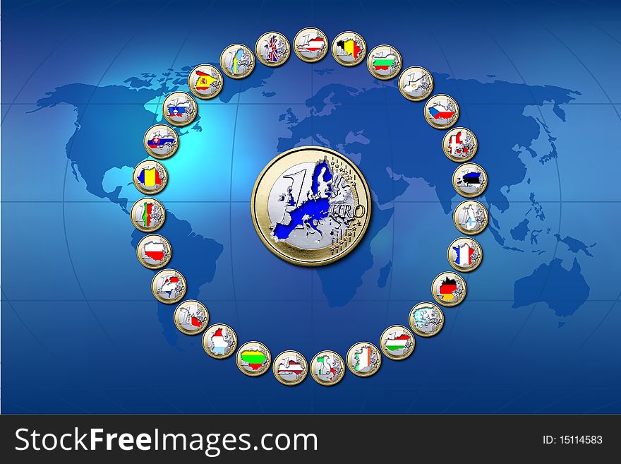 European Unions flags stamped in euro coins. European Unions flags stamped in euro coins