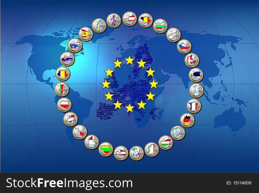 European Unions flags stamped in euro coins. European Unions flags stamped in euro coins