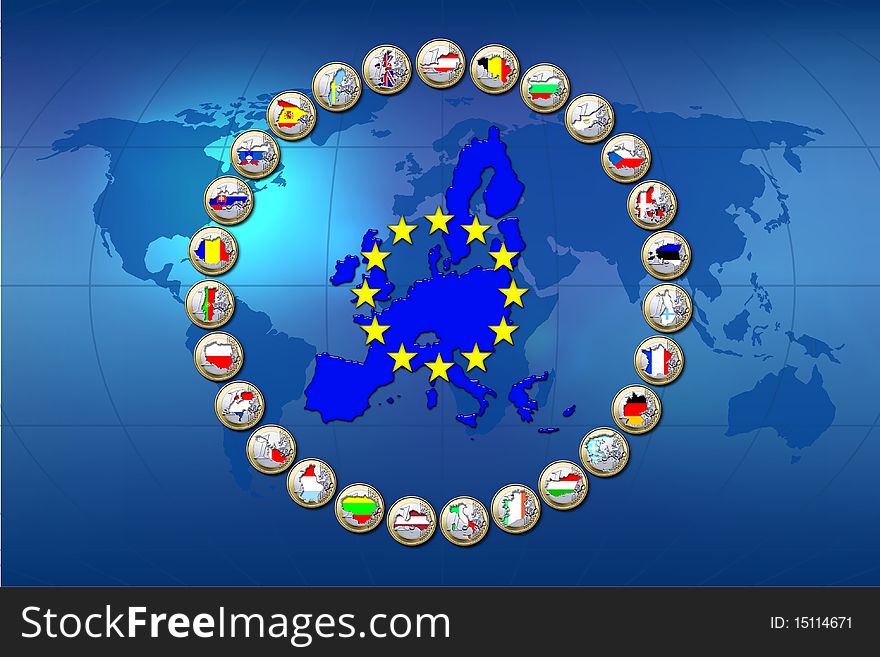 European Unions flags stamped in euro coins. European Unions flags stamped in euro coins