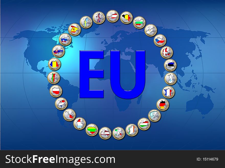European Unions flags stamped in euro coins. European Unions flags stamped in euro coins
