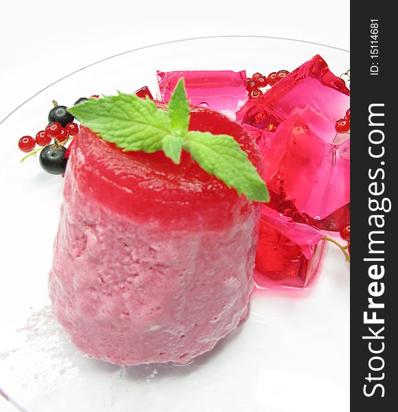 Fruit pink ice-cream scoop with marmalade jelly dessert. Fruit pink ice-cream scoop with marmalade jelly dessert