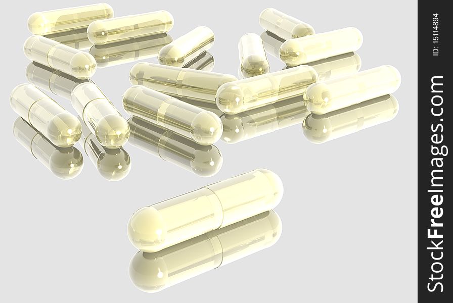 3D rendered blue-white reflective pills on glass support