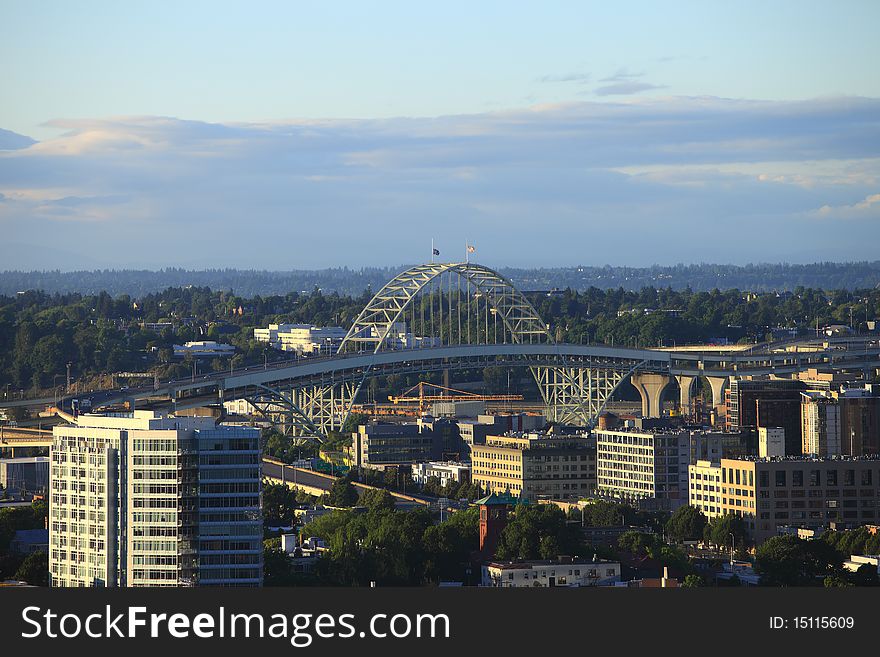 The Fremont bridge and surrounding area at sunset, Portland Oregon. The Fremont bridge and surrounding area at sunset, Portland Oregon.