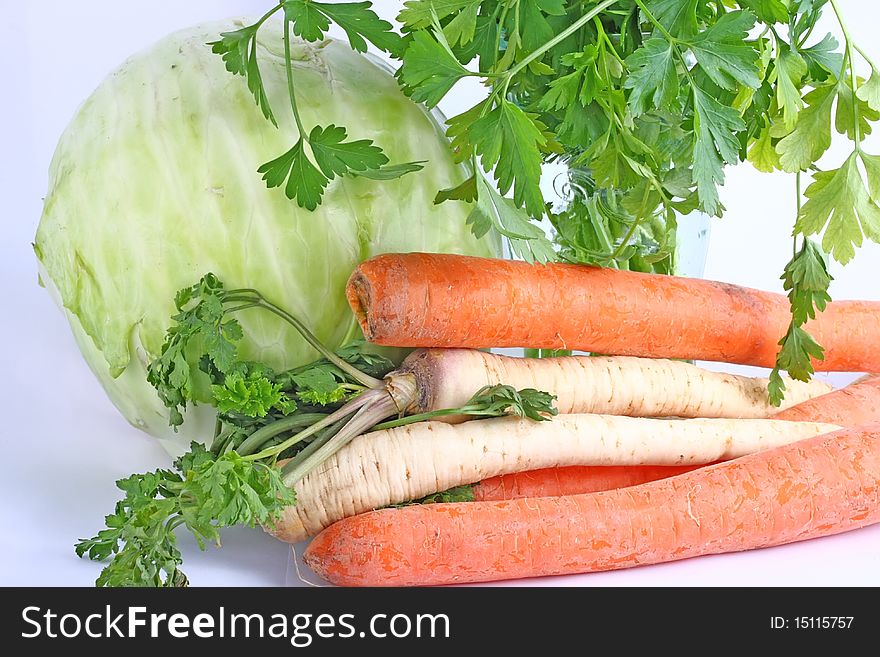 Vegetables in white background, with clipped path. Carrot, parsley, turnip, kohlrabi.