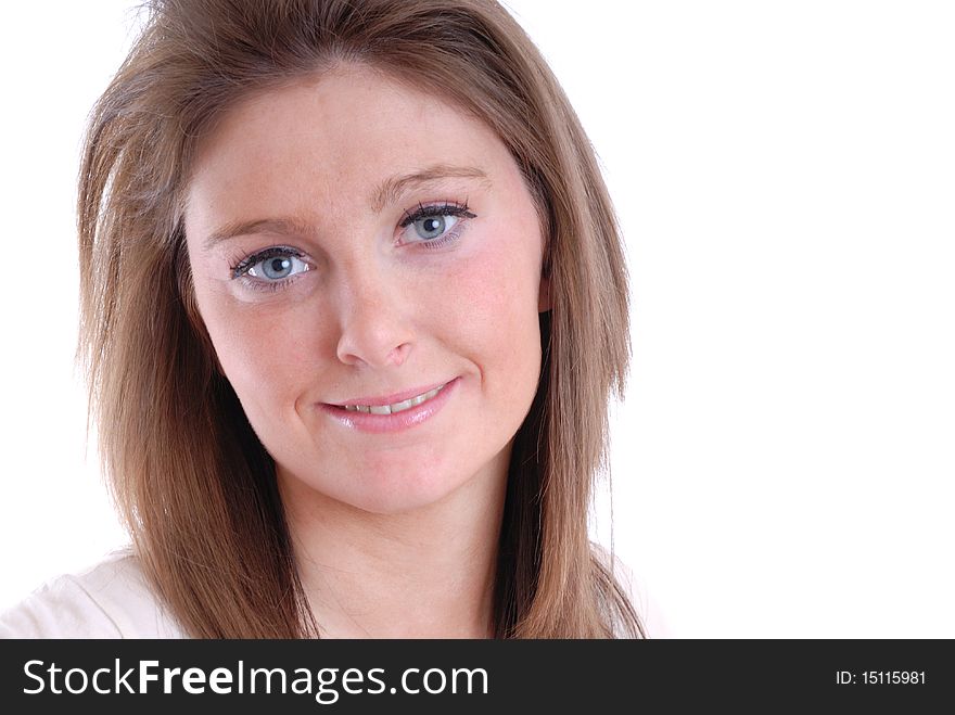 Photograph showing happy smiling young woman isolated against white