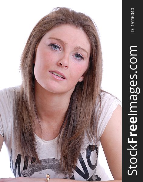 Photograph showing happy smiling young woman isolated against white. Photograph showing happy smiling young woman isolated against white