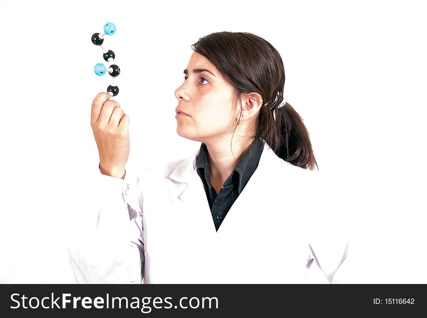 Female scientist with organic molecule