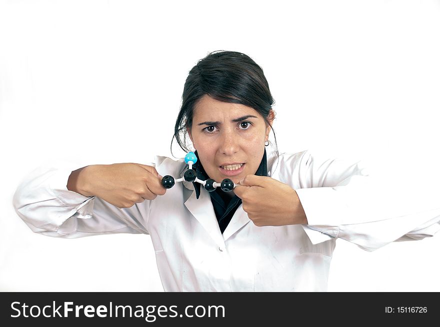 Female scientist stressing with organic molecule