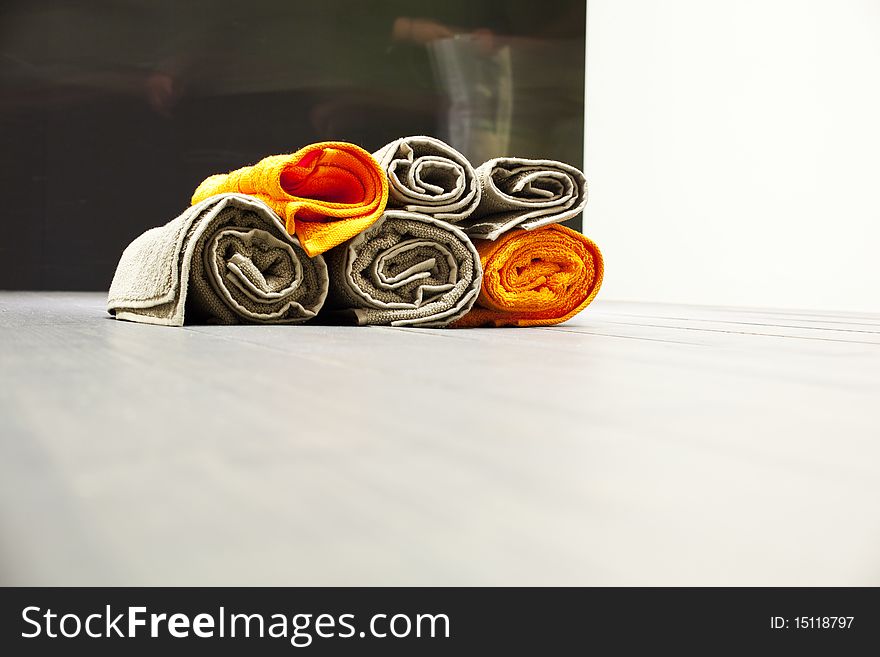 A set of Colored rolled towels. A set of Colored rolled towels