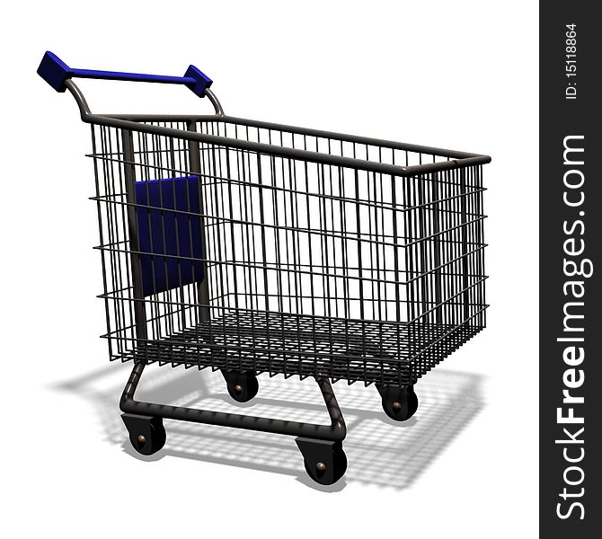 A 3D model of a shopping cart on a white background.