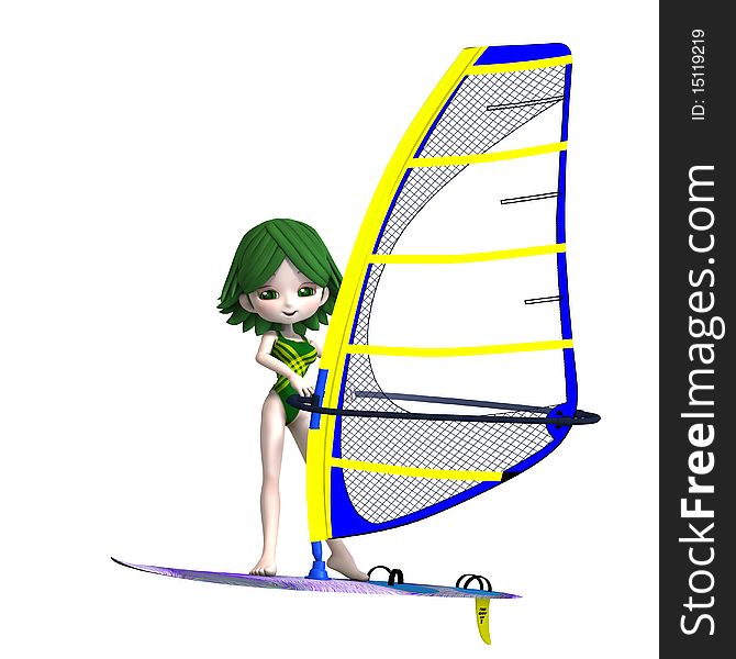 Sweet cartoon girl standing on a surfboard. 3D rendering with clipping path and shadow over white