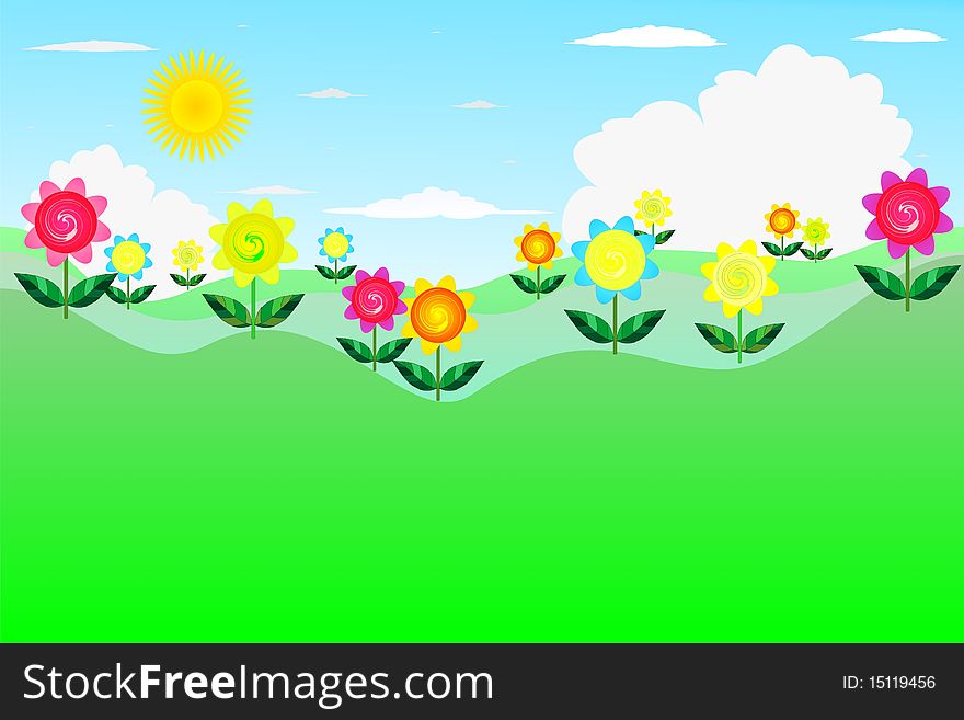 Green waves, sky and flowers as background. Green waves, sky and flowers as background