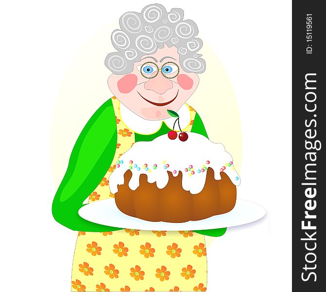 Smiling cartoon granny holding sweet pie. Smiling cartoon granny holding sweet pie