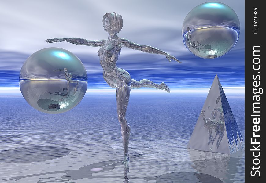 3D render of an etched metal woman performing a ballet arabesque position.  Abstract render, reflective objects surround model. 3D render of an etched metal woman performing a ballet arabesque position.  Abstract render, reflective objects surround model.