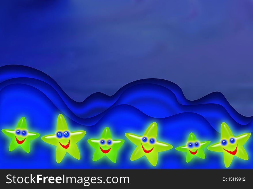Blue background with waves decorated with green stars. Blue background with waves decorated with green stars