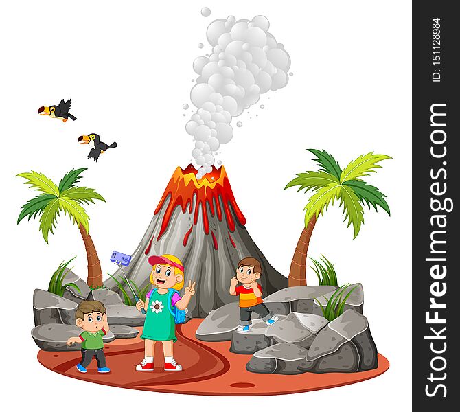 Illustration of the children are doing holiday and taking a picture near the volcano