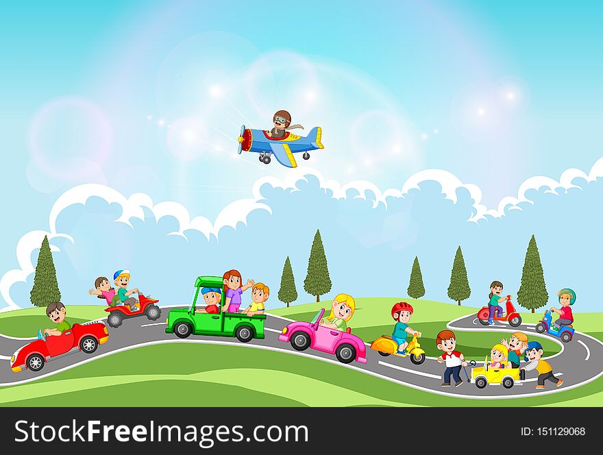 Illustration of the children are playing with the car and another transportation in the beautiful day