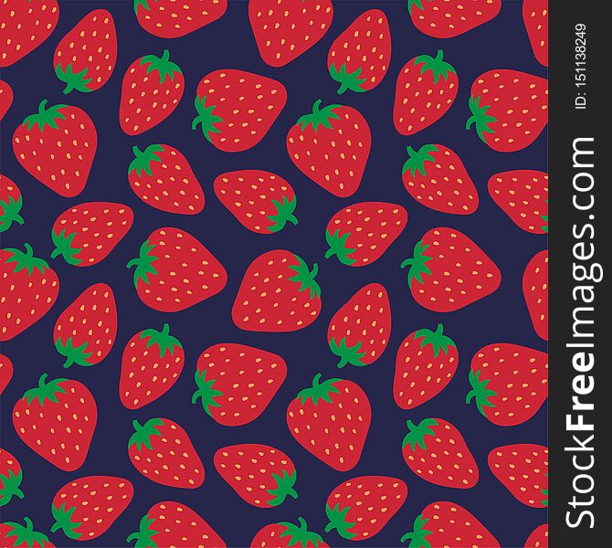 Strawberry seamless pattern. Hand drawn fresh berry. Doodle wallpaper. Vector sketch background. Red and blue color print. Fashion