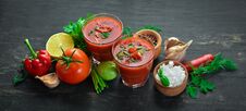 Gazpacho Soup In Glas. Tomato Soup With Onion, Paprika And Parsley. Italian Cuisine. Stock Photo