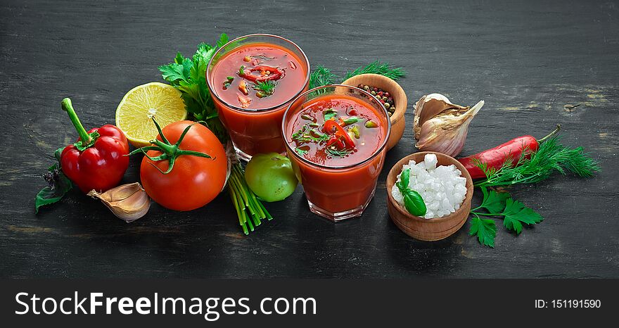 Gazpacho Soup in Glas. Tomato soup with onion, paprika and parsley. Italian cuisine.
